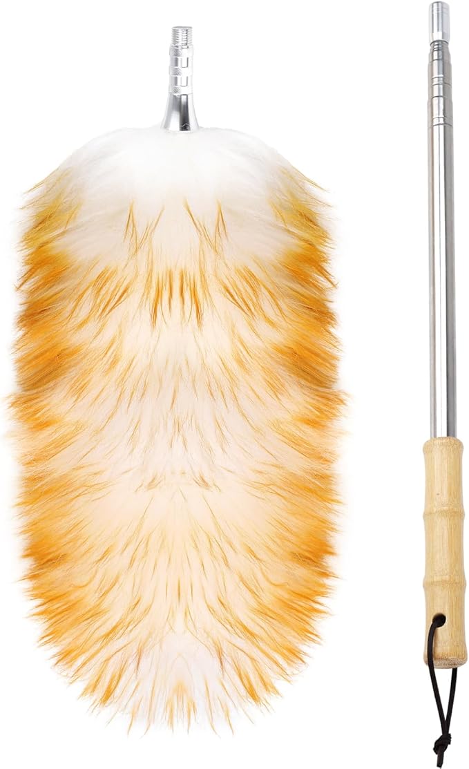 FeelfunFeather Feathers Duster,Long Telescoping Lambswool Dusters with Stainless Steel Extension Pole Up to 87.8" for Cleaning High Ceiling Fan, High Ceilings,Furniture,Hard to Reach Areas