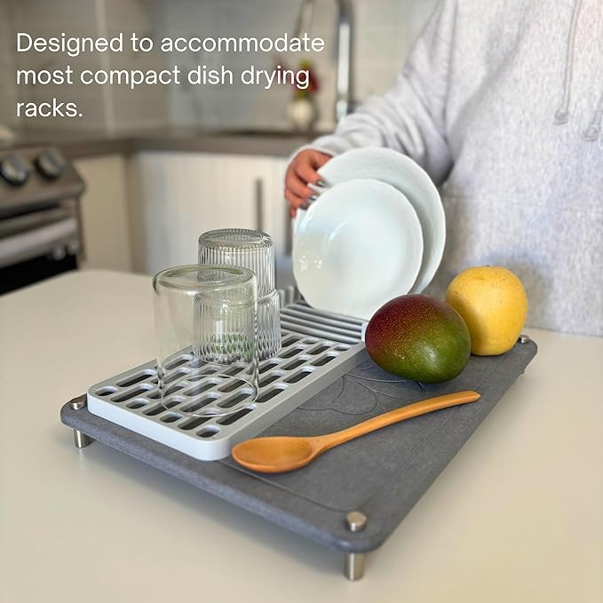GRUZAM 2 Pcs Stone Dish Drying Mat, 2 Tier Dish Drying Stone for Kitchen Counter with Absorbent Dish Drying Mat, Stone Dish Drying Rack, Flexible Stone drying rack (Slate, 15.6" x 11.7" x 6.7")