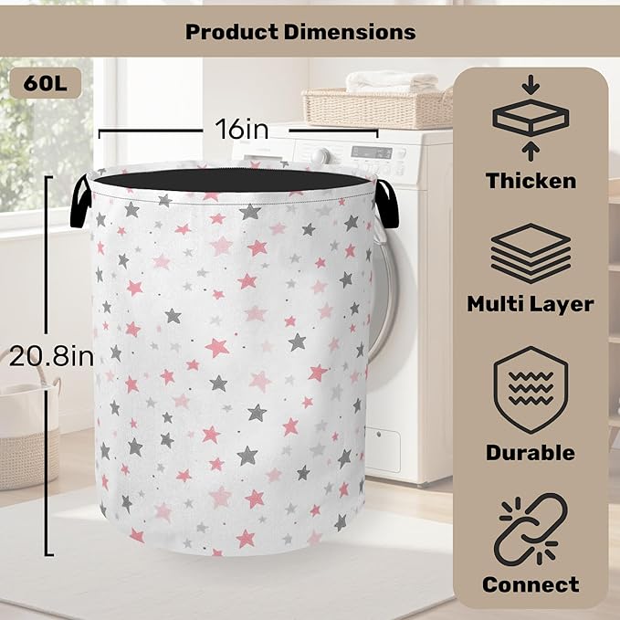 Cute Pink Stars Foldable Canvas Laundry Basket with Handles - Toy Organizer, Heavy Duty for Home，Bedroom, Dorm, Bathroom