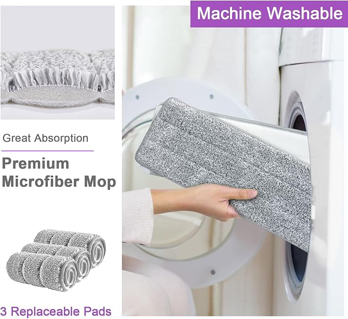 BOSHENG Mop and Bucket with Wringer Set, Hands Free Flat Floor Mop and Bucket, 3 Washable Microfiber Pads Included, Wet and Dry Use, Home Floor Cleaning System for All Floor Types and Windows, Purple