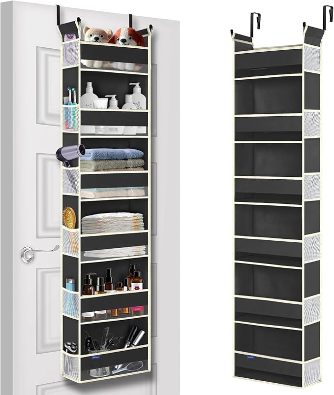 roomtalk Over The Door Hanging Organizer 6-Shelves and 12 Side Pockets, Over The Door Storage Organizer, Back of Door Organizers for Baby Accessories and Children's Toys (13"x5"x54", Black)