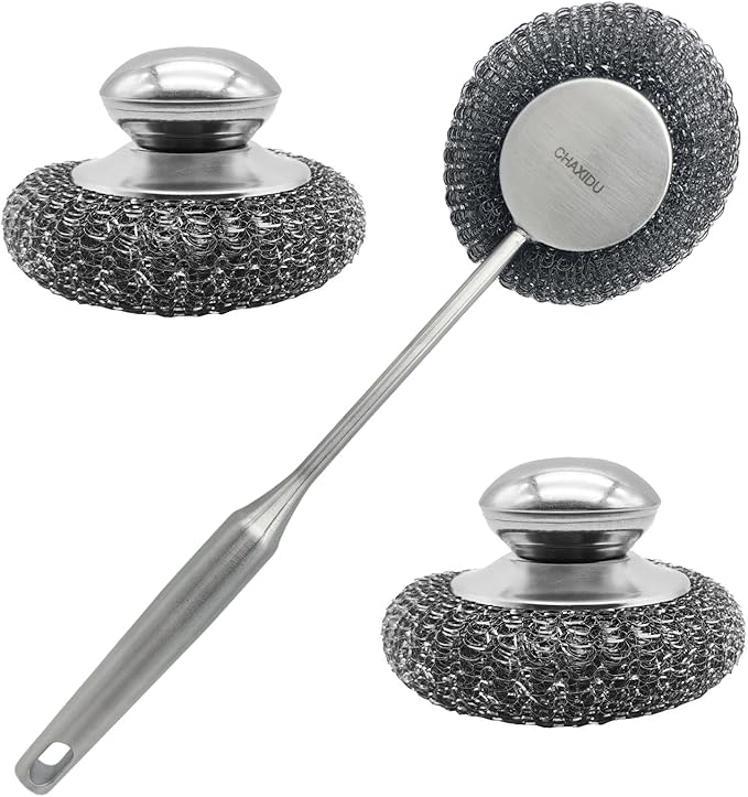CHAXIDU Stainless Steel Wool Scrubber Set, Long Handle & Handle Brushes,Metal Brush for Pots, Pans, Grills & Cutlery Cleaning (3 Pack)