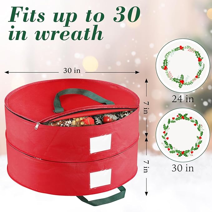 Wreath Storage Container, 2 Park Stacking Christmas Wreath Storage Bags with Dual Zipper and Handles, Dust, Pest Protection,Holiday Wreaths Storage Holder 30” (RED)