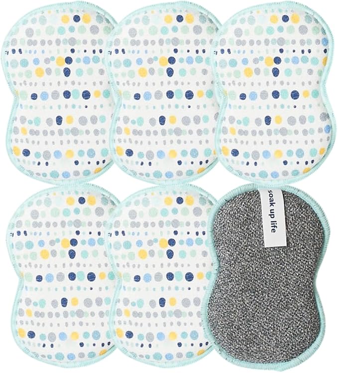 Bright Habits Sponge Set in Dot Blue, 6 Pack Super Absorbent Washable Reusable Cleaning Sponges Made from Recycled Materials, Durable Eco Friendly Kitchen Sponges