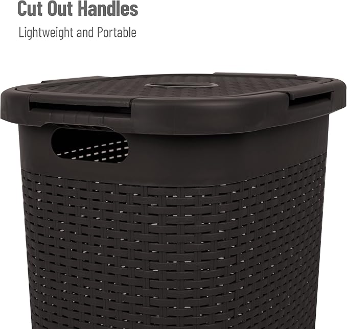 Mind Reader Slim Laundry Hamper with Lid, 60L Clothes Basket, Premium Wicker Design, Plastic, Brown