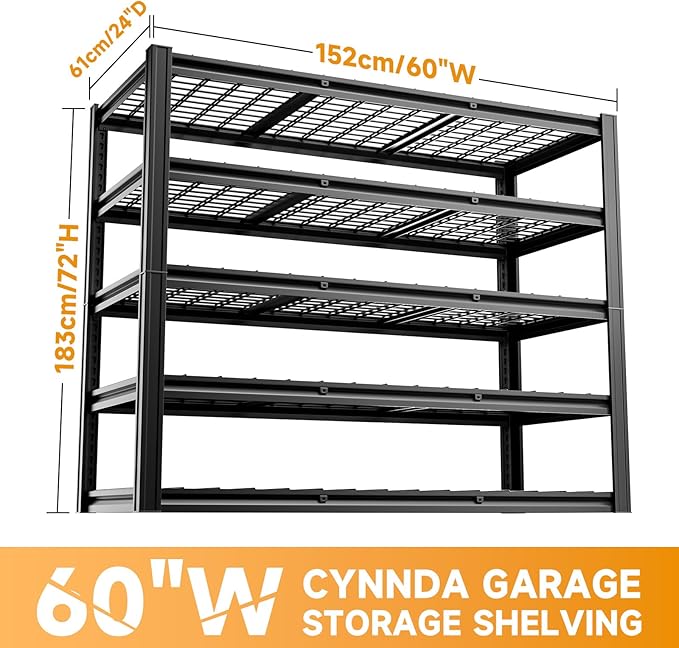 cynnda 5-Tier 60”W x 24”D x 72”H Garage Shelving Storage Shelves 3000LBS Heavy Duty Metal Shelf Adjustable Rack Units Suitable for Garage Basement Warehouse Utility Shelves (Black)