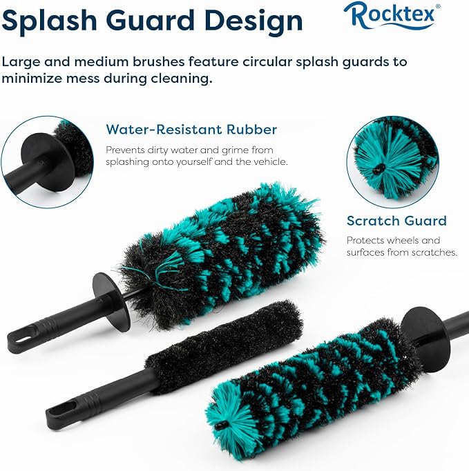 Rocktex Wheel Brush Set – 3 Sizes Multi-Fiber Blend, Non-Scratch Design for Car & Motorcycle Rims, Spokes, Barrels, Brake Dust, Tight Gaps, Eco-Friendly Clean