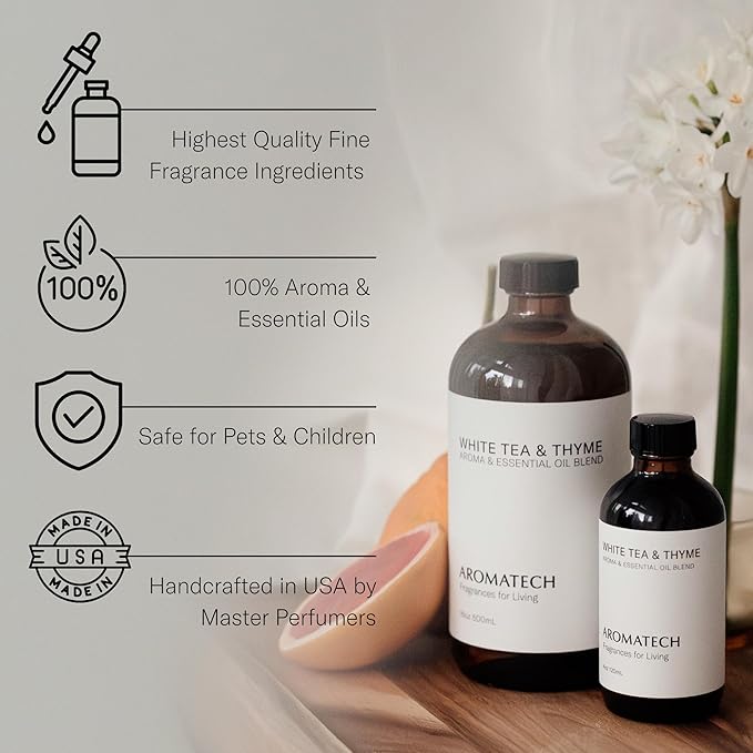 AromaTech White Tea and Thyme Aroma Essential Oil Blend: Luxury Hotel Inspired Aromatherapy with Tea Leaf, Fresh Thyme & Amber for Ultrasonic Diffusers (4 Fl Oz (Pack of 1))