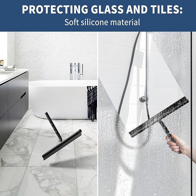 ecooe Silicone Shower Squeegee with Hanger, 11″/28cm Shower Squeegee for Glass Doors, Black Window Squeegee Scraper with Stainless Steel Core for Home Bathroom Kitchen Car Glass Doors