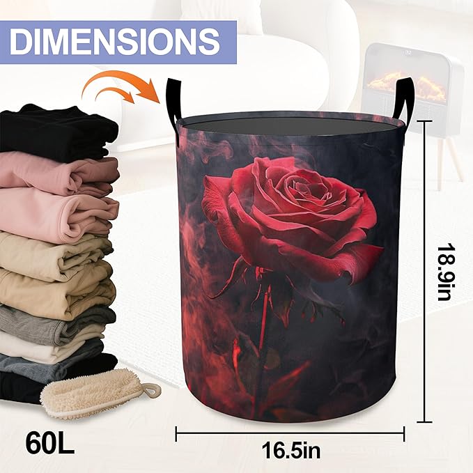 Laundry Basket-Red Roses Foldable Waterproof Oxford Cloth Funny Tote Bag Laundry Hamper Clothes Storage Bucket Organizer For Bathroom/Laundry Storage/Bedroom Storage Basket