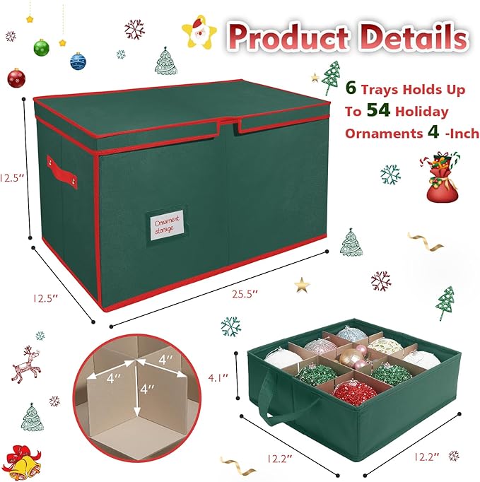 Large Christmas Ornament Storage Box with 6 Drawer Style Trays Fits 54 of 4" Ornament Balls - Side Opening, Christmas Container Perfect for Holiday Decorations, 600D Oxford Fabric Tear-Proof