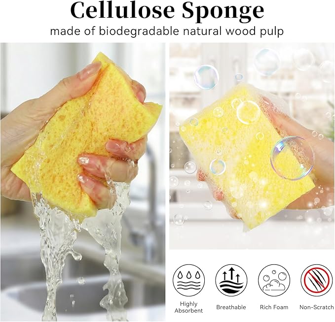 Mkobon 6 Pcs Kitchen Sponges for Dishes Cleaning, Non Scratch for Non Stick Cookware, Compressed Natural Cellulose Sponges, Dish Washing Scrubbers, Scrubbing Pads for Household, Bathroom (Yellow)
