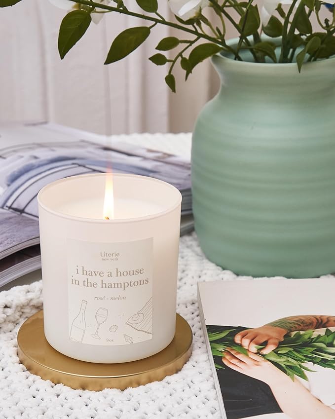 Literie NYC Inspired Scented Candle: I Have A House in The Hamptons - Rosé & Melon Scent, 9oz, 50 Hour Burn, Vegan Soy & Coconut Blend Candle for Home Decor, Gift for Women & Men