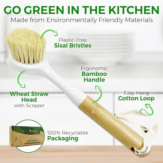 AIRNEX Bamboo Dish Brush Set of 2 - Dishwasher Brush w/Handle Made of Wheat Straw & Sisal Bristles - Non Scratch Kitchen Scrub Brush for Dishes, Pots & Pans - Dish Scrubber w/Plastic Free Bristles