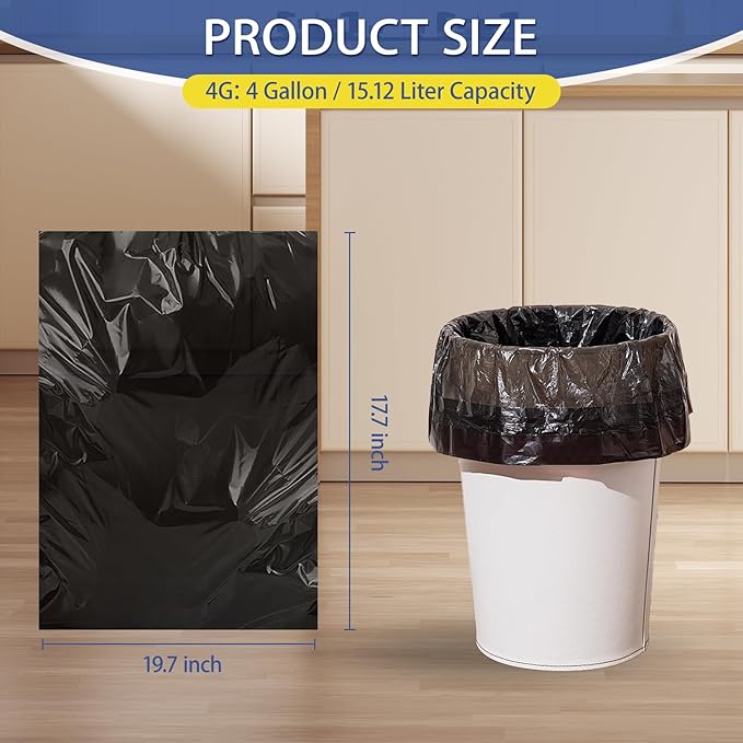 T.FORING Small Trash Bags 4 Gallon - 0.94 Mil Thick 220 Count Heany Duty 15 Liters Black Garbage Bags,Leakproof Durable and Unscented Weastbasket Can Liners for Bathroom Bedroom Home