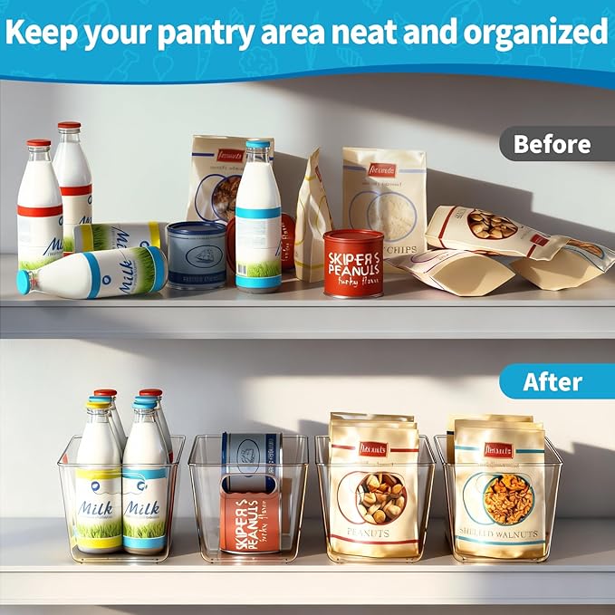 KJIXYUNG Clear Pantry Organizer Bins, Plastic Organizers & Storage Containers, Cabinet Organizer, Home Organization Must Haves for Kitchen, Laundry Room, Office, Closet & Freezer (4 Pack)