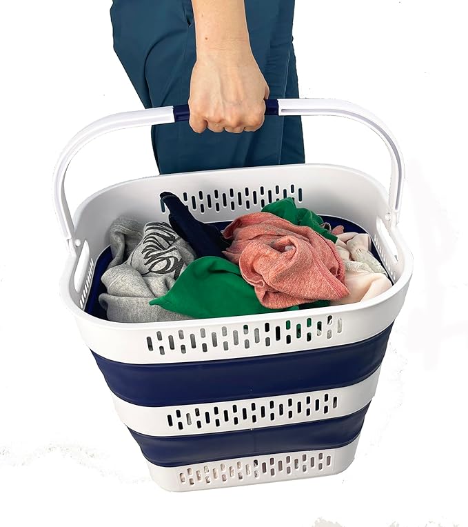 SAMMART 38L (10 Gallon) Collapsible Plastic Laundry Basket - Portable Pop-Up Storage Container/Organizer – Foldable Space Saving Laundry Hamper (2, White/Starry Blue)