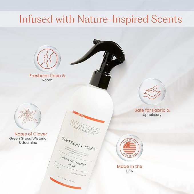 FIELD FLEUR Grapefruit Pomelo Linen & Room Spray 15.5 oz - Aromatic & Refreshing Bedding & Fabric Mist - Air Freshener for Clothes & Sofas - Notes of Grapefruit, Peach, Mint & Cassis - Made in USA