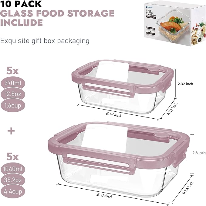 BOROHOUSE 10-Pack Glass Food Storage Containers with Tempered Lids – Borosilicate, Airtight, Oven-Safe (-4°F~950°F), BPA-Free, 4.4 & 1.6 Cup, Leak-Proof, Dishwasher Safe (Pink)