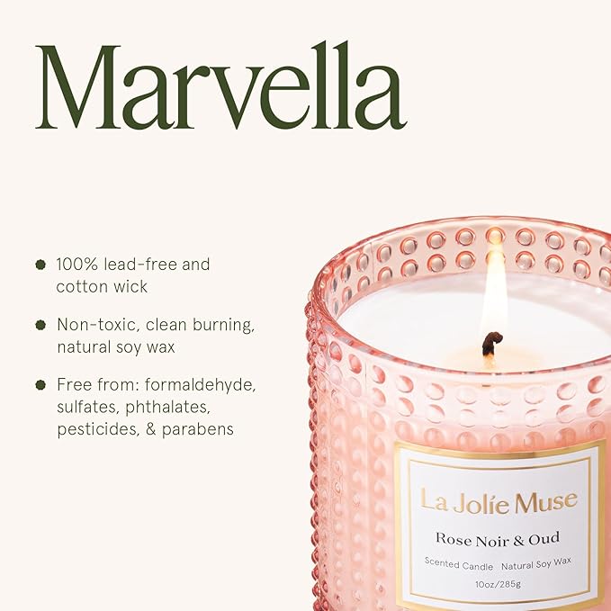 LA JOLIE MUSE Rose Noir & Oud Scented Candle – Lemon, Rose & Oud | 10 oz Natural Soy Wax | 55 Hours Clean Burn | Valentines Day Gifts for Her | Elegant Home Décor