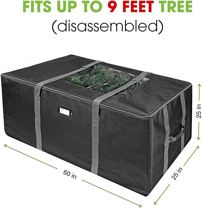 ProPik Rolling Christmas Tree Storage Bag, Fits Up to 9 Foot Tall Disassembled Trees, 25" X 25" X 60", Extra Large Heavy Duty Xmas Container with Wheels, Handles and Straps (Black)