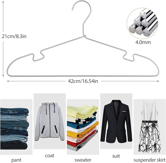 VWV 20-Pack Silver Aluminum Hangers, 16.5-inch Smooth and Durable Metal Shirt Hangers, Lightweight and Sturdy Metal Hangers, Suit Hangers, Dress Hangers, Wedding Gown Hangers.