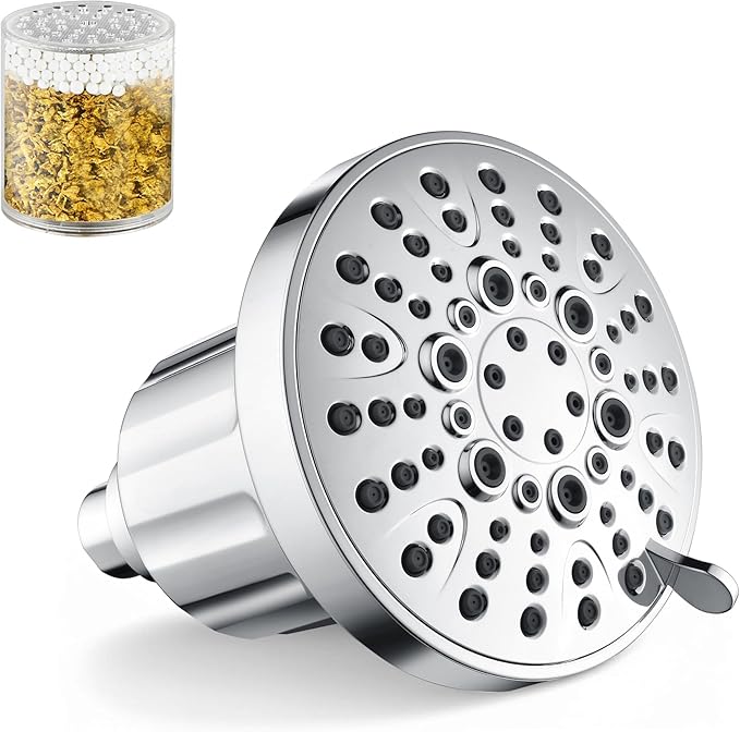 BRIGHT SHOWERS Filtered Shower Head, High Pressure Fixed Showerhead for Hard Water, Dual-Media Filter Removes Chlorine & Impurities, 8 Spray Modes, Chrome