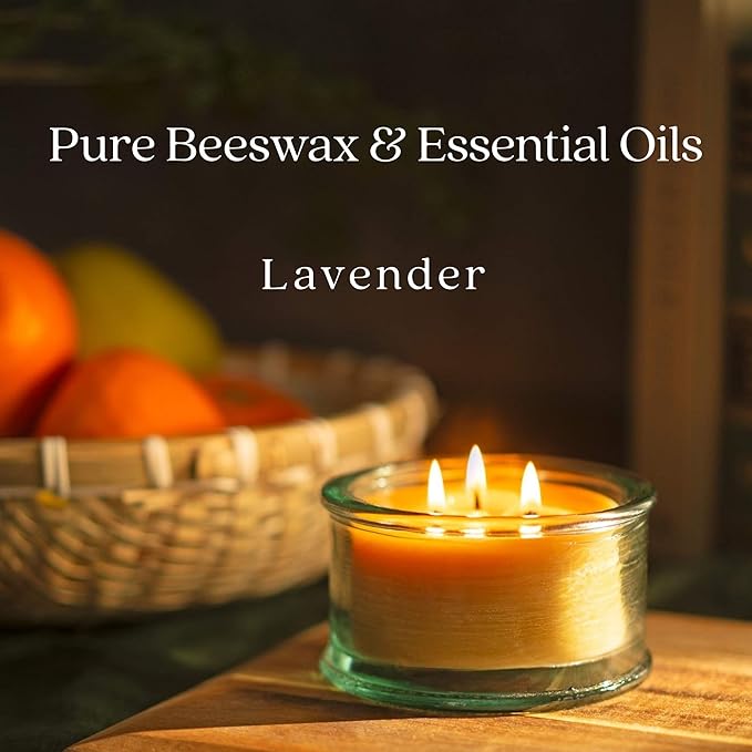 Bluecorn Beeswax 3-Wick Candle, 100% Pure Bees Wax, Lavender Scented, Paraffin & Soy Free Candle Wax, Clean Burning, Long Lasting, Gifts for Women & Men, American Made, 10 Oz