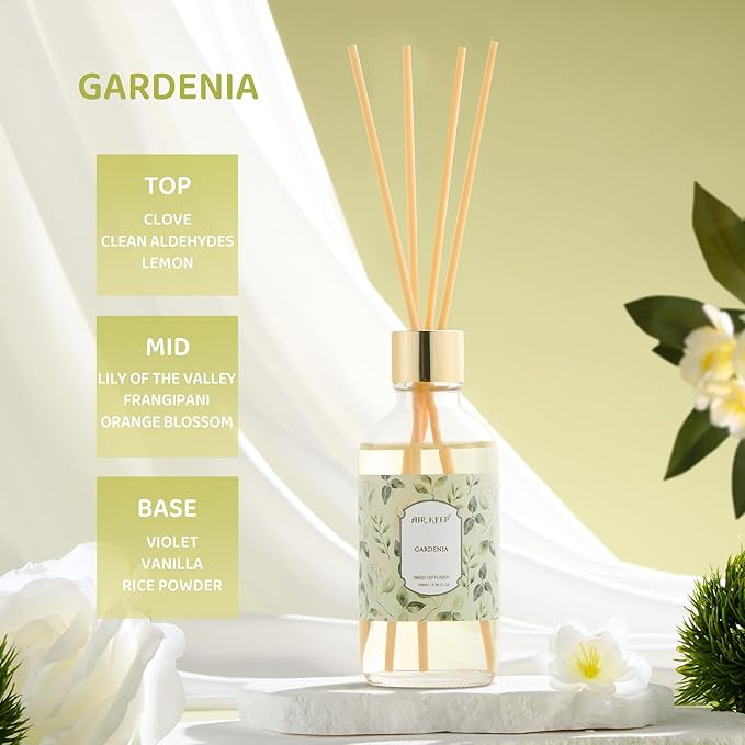 Airkeep Reed Diffuser Oil Set with Reed Sticks, Gardenia Aromatherapy Oil Scent Diffuser for Home Office Bathroom Decoration Perfume and Gifts 3.38 oz/100ml
