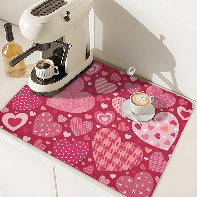 ABSOP Valentine's Day Dish Drying Mat 18 x 24 Inch Heart Shaped Pattern Dish Drying Pad Absorbent Microfiber Mats for Red Dish Rack Pad for Kitchen Counter Coffee Bar Decor