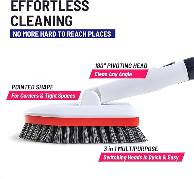 Moku Home Shower Scrubber 3 in 1 Extendable Long Handle 58" Cleaning Brush - Non Scratch Shower Brush for Cleaning Bathroom Kitchen Toilet Wall Tub Tile Sink (Red)