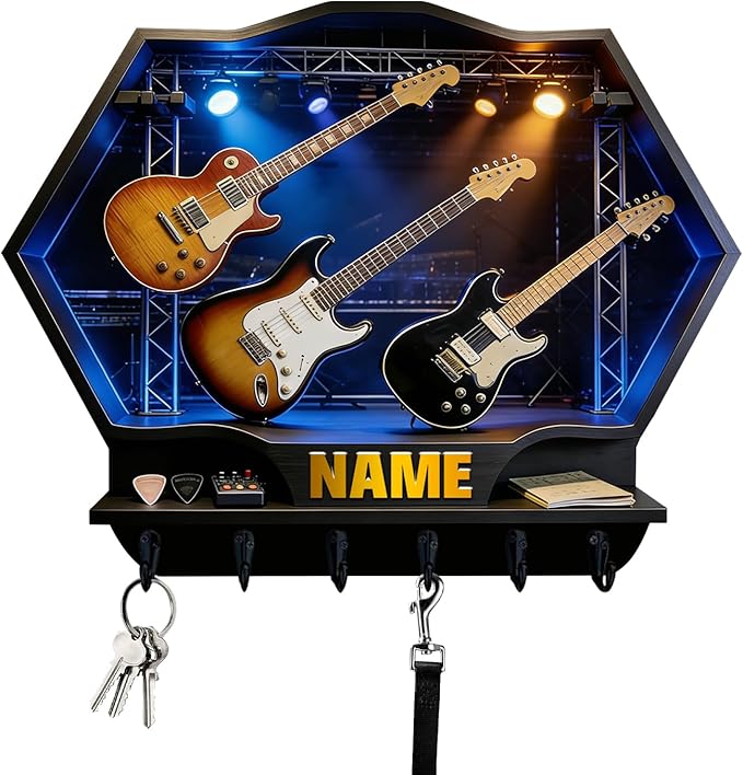 Custom 2D Flat Print Rock Guitar Key Storage Holder for Music Lover Family Friends Music Themed Wall Hooks Personalized Vintage Guitar Stand Name Key Rack Coat Holder for Culb Living Room Hallway