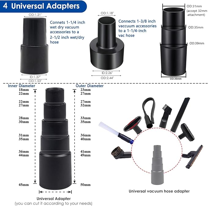 BGSIME 12 PCS Vacuum Attachments & Brushes Kit for Shop Vac Accessories & Household Cleaning, Includes 2 1/2" to 1 1/4" and 1 7/8" to 1" Vacuum Hose Adapters, Crevice Tool & 2 Vacuum Extension Wands