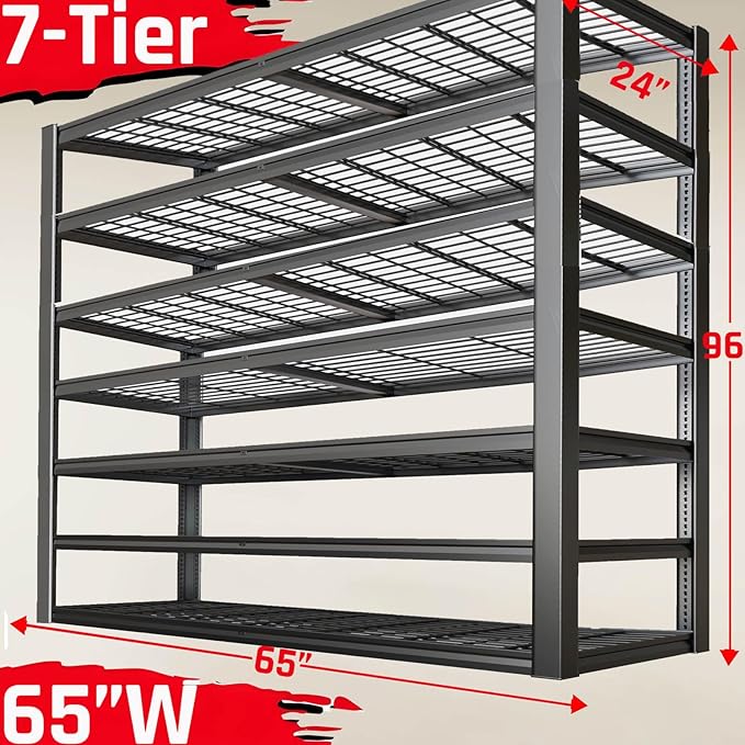 SKZNSA 7-Tier Heavy Duty Garage Shelving Units, 65" Wide Deep Storage Shelves,Black Metal Garage Shelves,Steel Shelf,Large Storage Rack,Industrial Shelving for Shop, 65" W x 24" D x 96" H