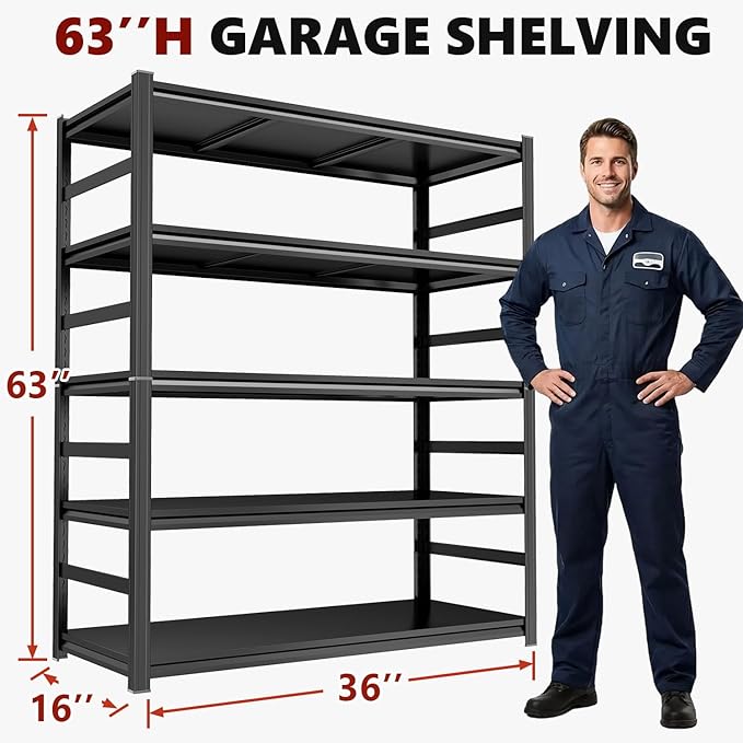 Notmise Garage Shelving, Industrial Metal Unit 2400Lbs - 5-Tier Adjustable Storage, Easy Assembly for Pantry, Garage, Warehouse (63" H x 36" W x 16" D)