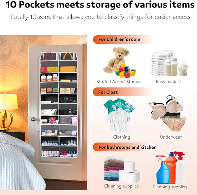 Over the Door Organizer 5 Tiers, Extra Large Behind Door Storage of 10 Compartments, 80 lbs Weight Capacity Over Door Organizer, Door Hanging Organizer for Closet, Diaper Organizer, Room storage | Behind Door Storage, Over Door Organizer, Room storage