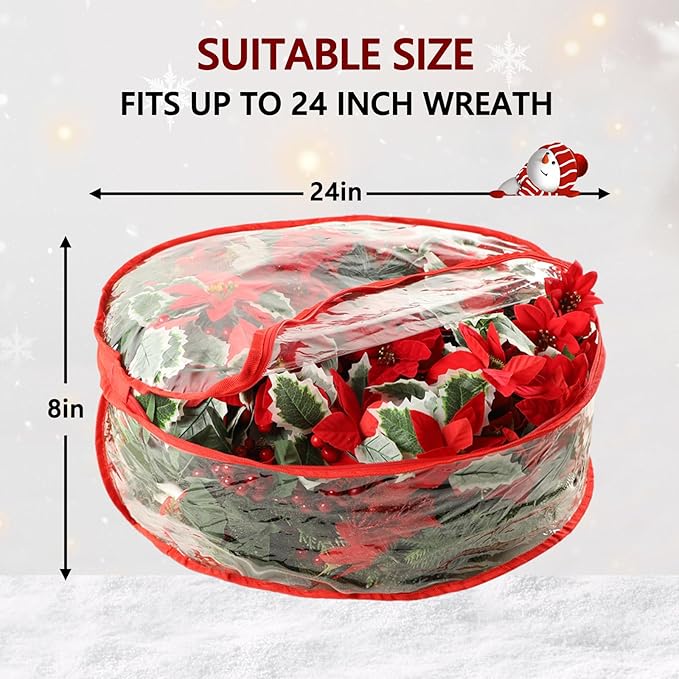 4 Pcs Christmas Wreath Storage Bag, 24 Inch Clear Red Edging Xmas Wreath Storage Container, Garland Holiday Artificial Wreath Storage Holder, Water Proof Transparent PVC with Handles