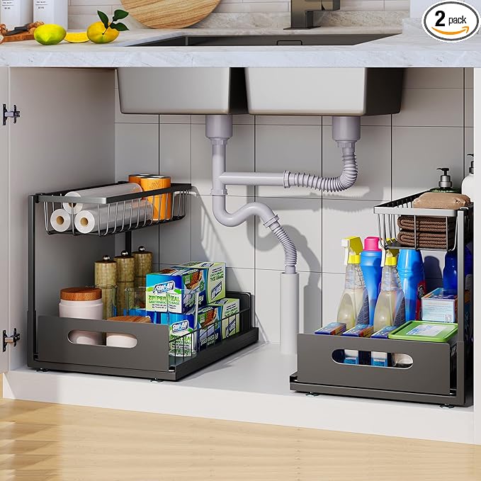 UINOFLE 2 Pack Under Sink Organizer, 2 Tier Pull-Out Cabinet Storage Shelf, Rust-Resistant Metal Organizer for Kitchen Bathroom Laundry Room, No Tools Installation, Black