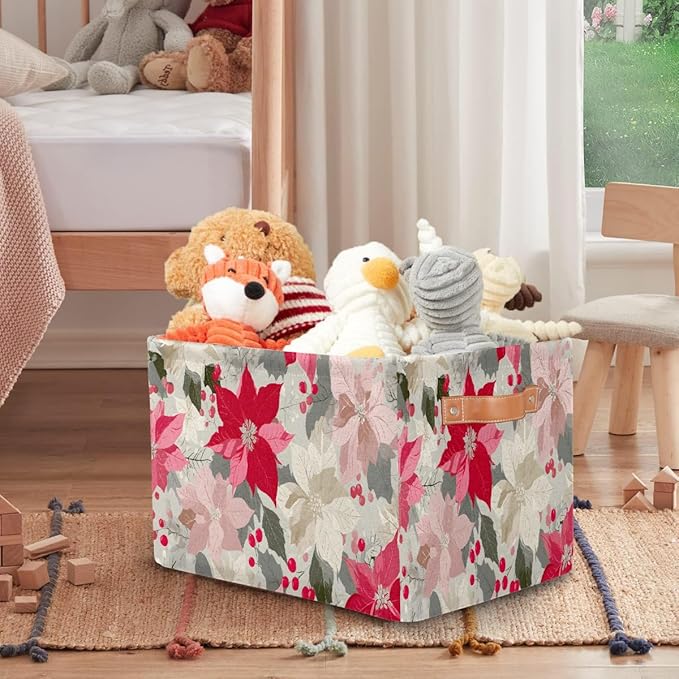 Storage Baskets Bin, Christmas Winter Poinsettia Collapsible Canvas Fabric Storage Bin Decorative Baskets Toy Organizer Rectangle Storage Boxes with Handles for Home Shelves Nursery, J-001
