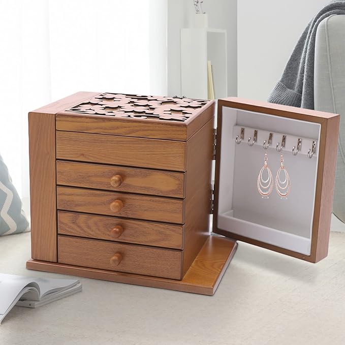 Wooden Jewelry Box for Women, 5-Layer Wooden Jewelry Organizer Boxes with 4 Drawers, Vintage Solild Wood Storage Case for Jewelries, Watches, Necklace, Ring (Light Brown)