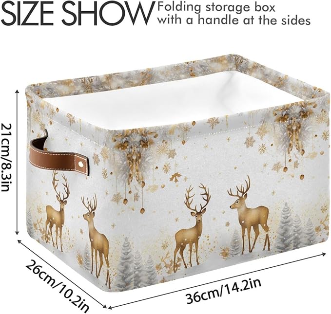 ALAZA Golden Reindeer Deer Merry Christmas Foldable Storage Box Storage Basket Organizer Bins with Handles for Shelf Closet Living Room Bedroom Home Office 1 Pack