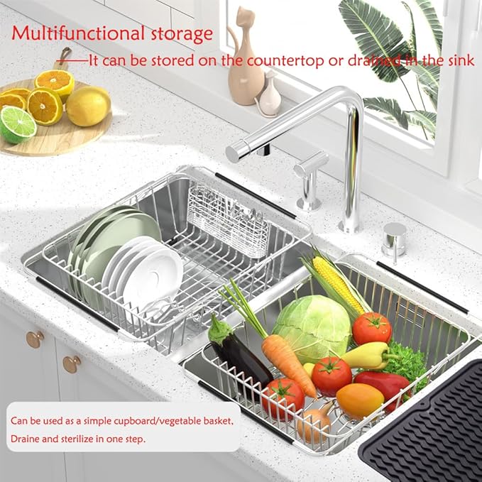 NiuYichee Stainless Steel Dish Drying Rack(15.2"L X 13"W X 5.8"H), Expandable Fruit & Vegetable Drain Rack over Sink, Dish Drainer Rack in Sink, with Stainless Steel Utensil Holder & Silicone Mat(16")