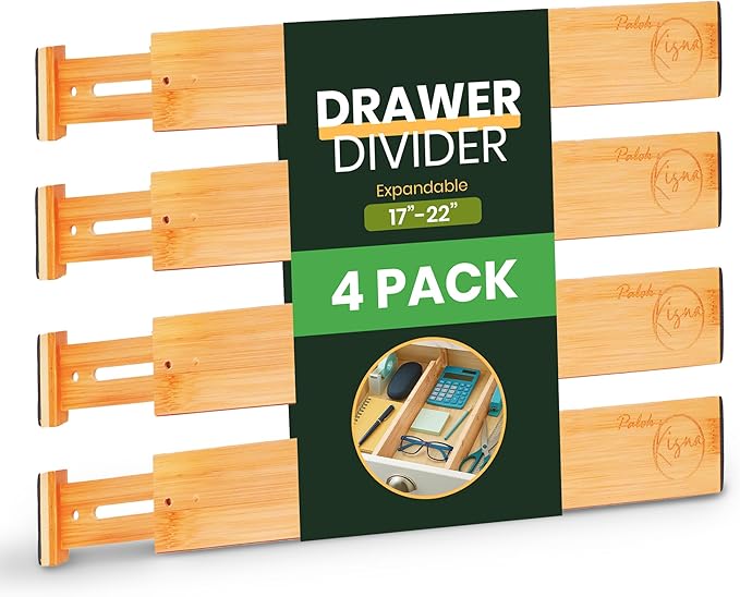 Palok Kisna Adjustable Bamboo Drawer Dividers, Drawer Organizer for Kitchen, Bedroom, Bathroom, Office Desk, Dresser Nursery & Silverware, Natural Wooden Separators with Soft Foam Ends, Expandable