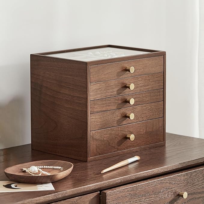 Homruilink Black Walnut Wooden Jewelry Box Women large 5 Layer Drawer Wood Organizer Box with Glass Lid for Necklaces, Watch, Necklace, Ring, Earring Storage - Valentine's Day Gifts