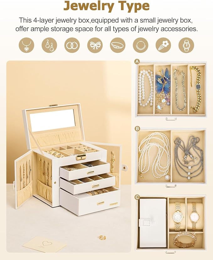 Homde 2 IN 1 Jewelry Box for Women Girls with Small Travel Case Mirror Necklace Ring Earrings Organizer(White + Gold)
