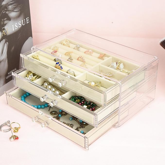 Weiai Acrylic Jewelry Box 3 Drawers, Velvet Jewellery Organizer, Earring Rings Necklaces Bracelets Display Case Gift for Women, Girls, Beige