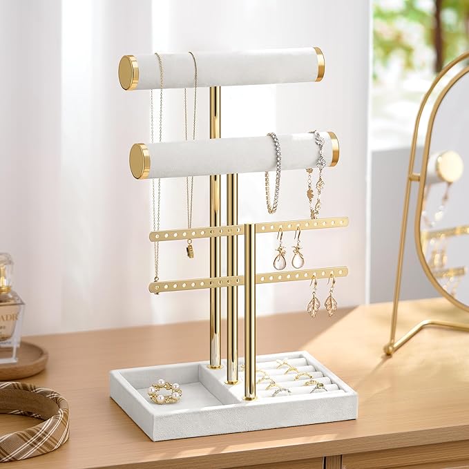 Josmimic Bracelet Holder Jewelry Organizer Display - 3 Tier T Bar Velvet Stand, Black Jewelry Storage for Bracelet, Necklaces, Earrings, Rings, Watches