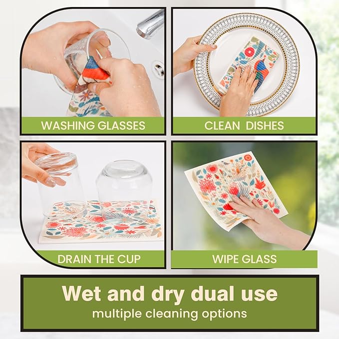 Yelasenari Swedish Dishcloths for Kitchen Reusable 6 Pack Kitchen Towels No Odor Quick-Drying Reusable Paper Towels Reusable Paper Towels Washable for Countertop Sink Kitchen Flower Bird