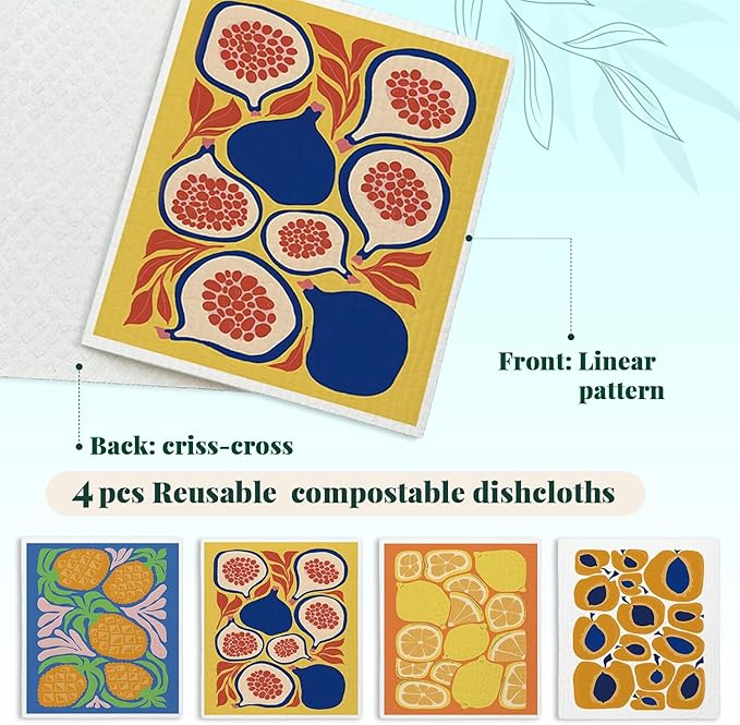 LARTSFRO Swedish Dishcloths for Kitchen, Papaya Reusable Paper Towels Washable, Summer Lemon Pineapple Swedish DishCloths for Friut, 4 Pack Dish Towels for Kitchen