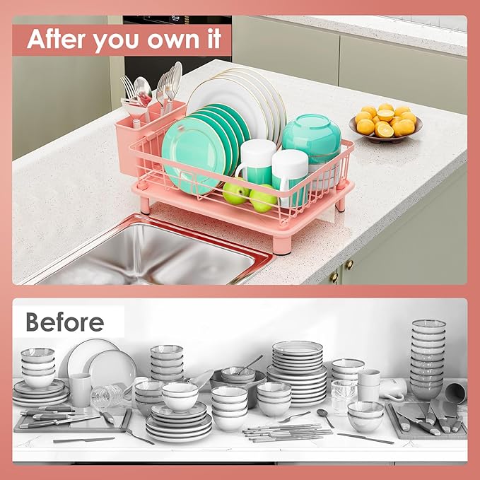 GAOKASE Dish Drying Rack, Space-Saving Dish Rack, Dish Racks for Kitchen Counter, Kitchen Dish Drainers with Removable Utensil Holder,Plate Rack and Drainboard, 11''W x 15''L, Pink